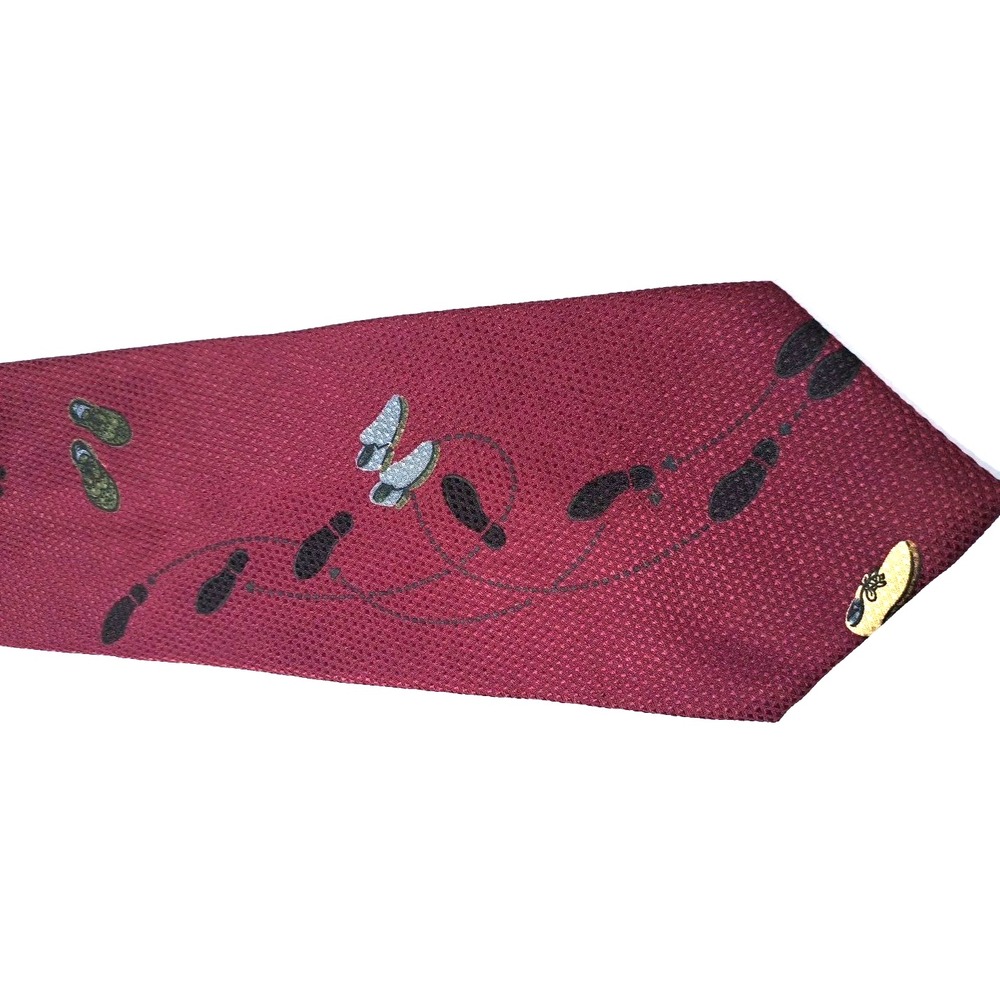 Perry Ellis Portfolio Silk Tie Burgundy Shoes Footprints Novelty Italian Fabric